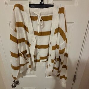 SHEIN Cream and Tan Striped Cardigan/ Short Set